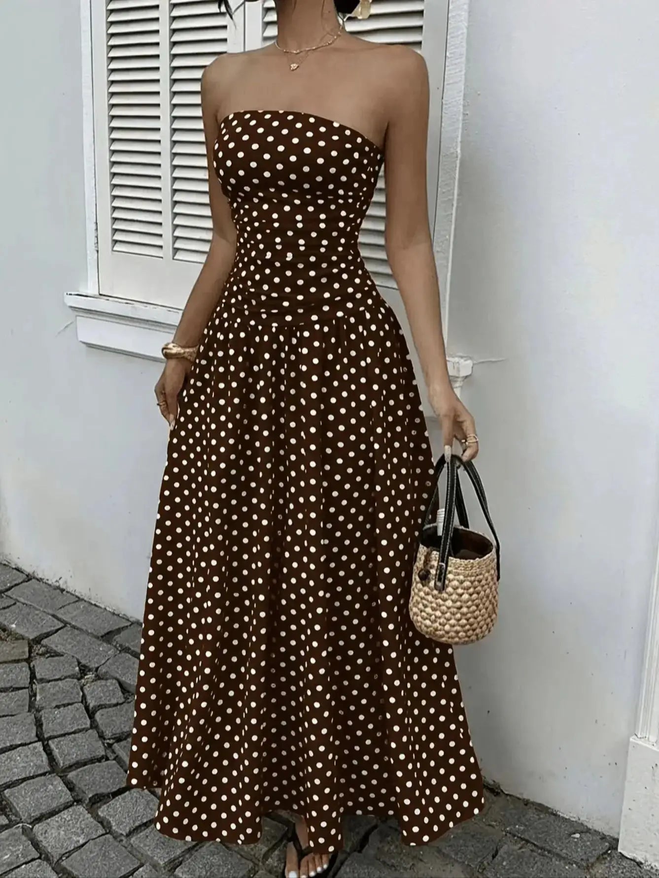 Polyester Polka Dot Maxi Vest Dress — Brown | KIMLUD