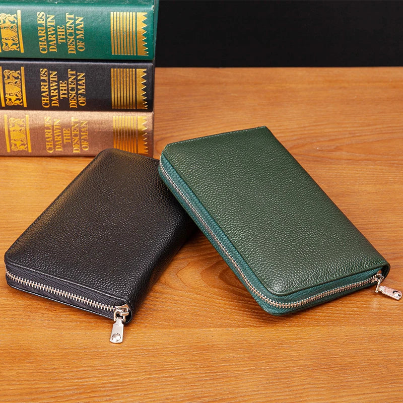 RFID Anti-Theft Cowhide Leather Wallet — Long Passbook Card Slots Black | KIMLUD