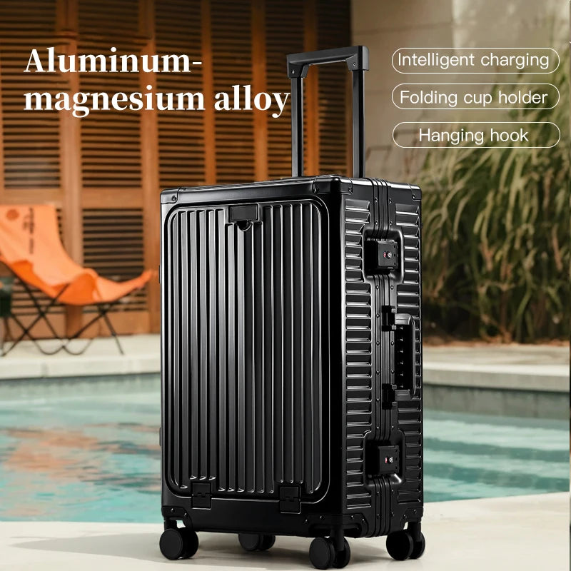 SUSHIMU 20-inch all-aluminum-magnesium alloy luggage with front opening, trolley suitcase, carry-on suitcase, metal travel