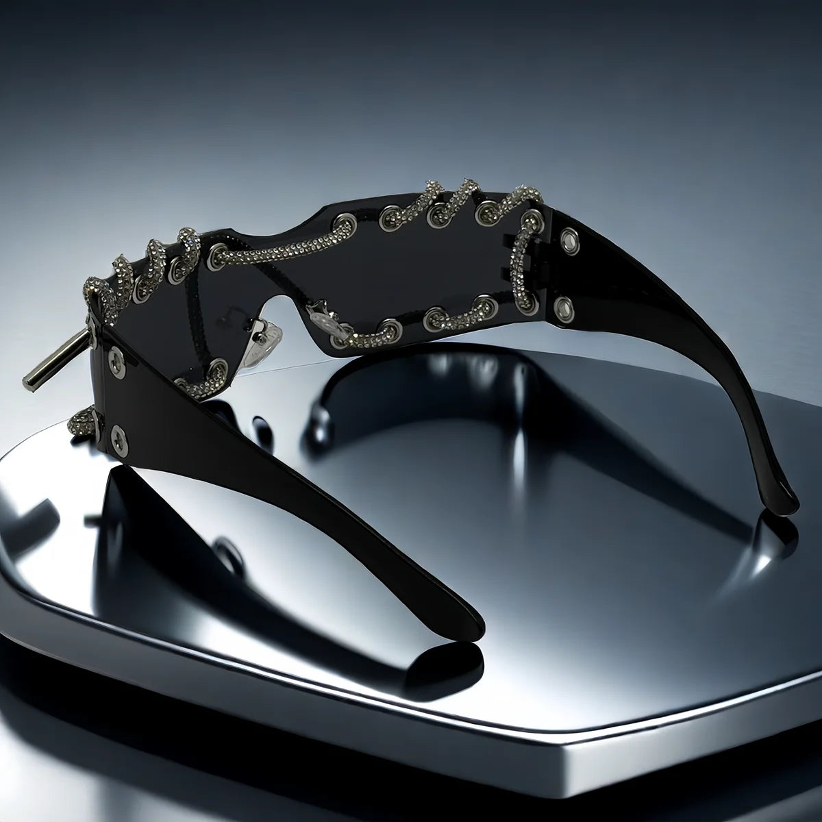 Frameless Crystal Chain Y2K Punk Sunglasses — Black | KIMLUD