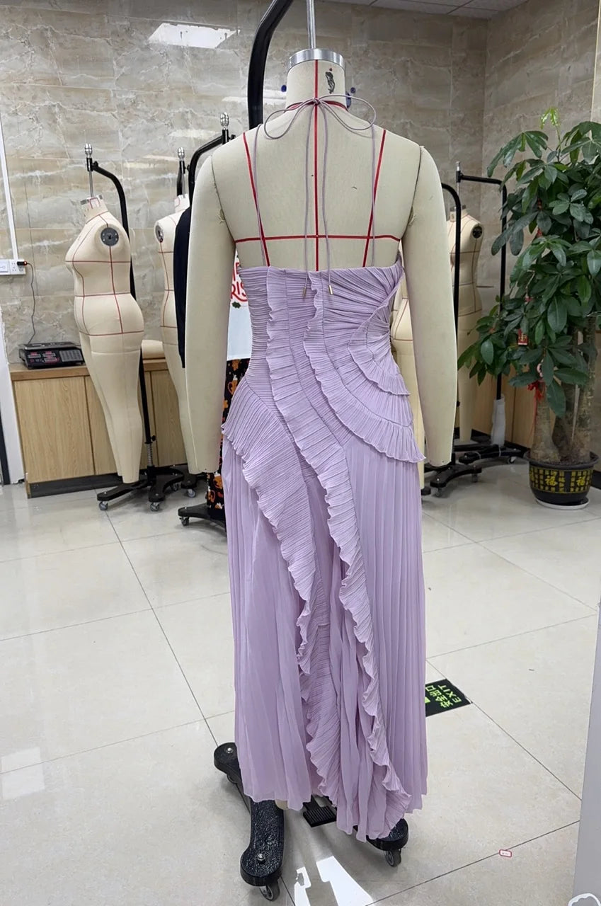 Ruffle Pleated Halter Maxi Dress With Irregular Tiered Pleats — Lavender | KIMLUD