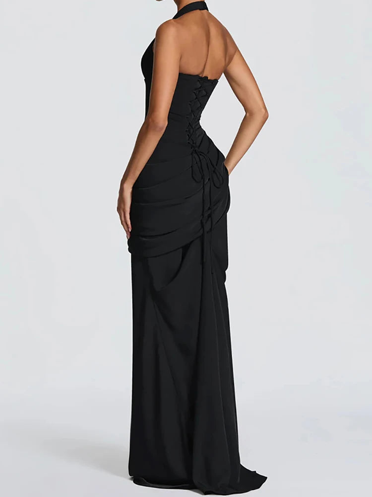 Patchwork Maxi Dress – Halter Backless – Polyester | KIMLUD