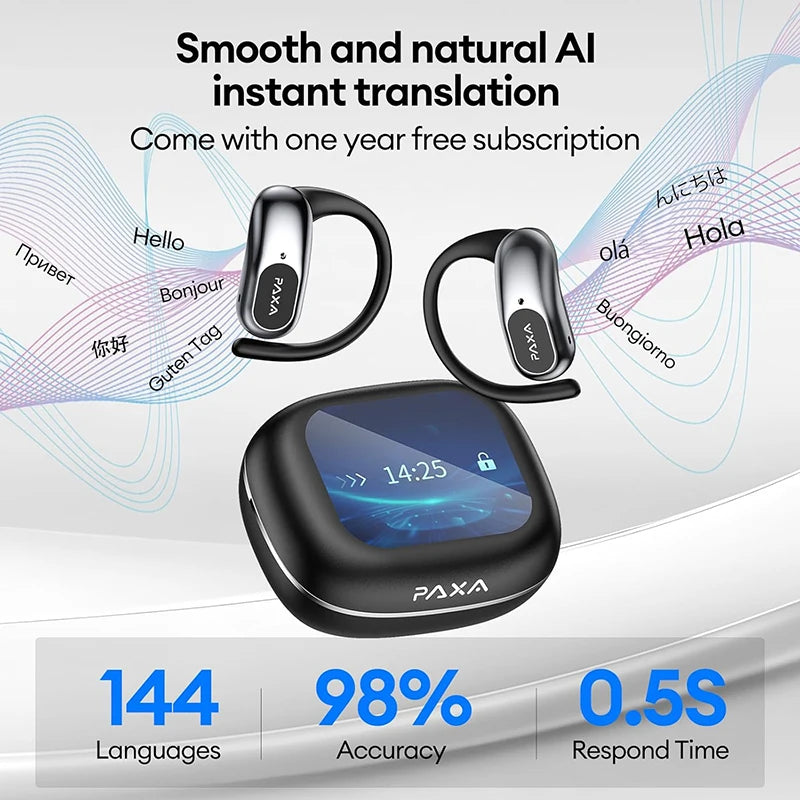 PAXA OpenAirUltra AI Translation Real Time 3-in-1 Translator Earbuds 145 Languages & Accents Bluetooth 5.4 Translating Headphone