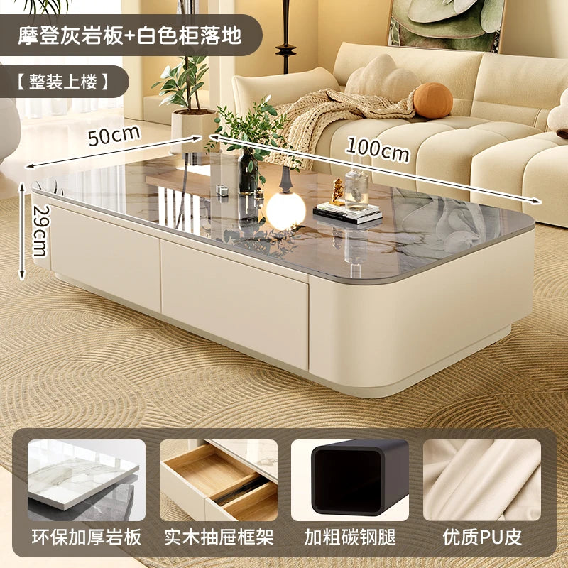 Rock-Slab Coffee Table With Wooden Frame — White | KIMLUD