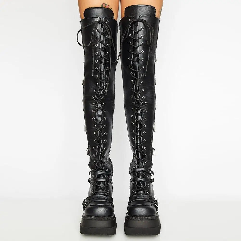 Over-the-Knee Boots – Gothic Wedge Platform – PU | KIMLUD