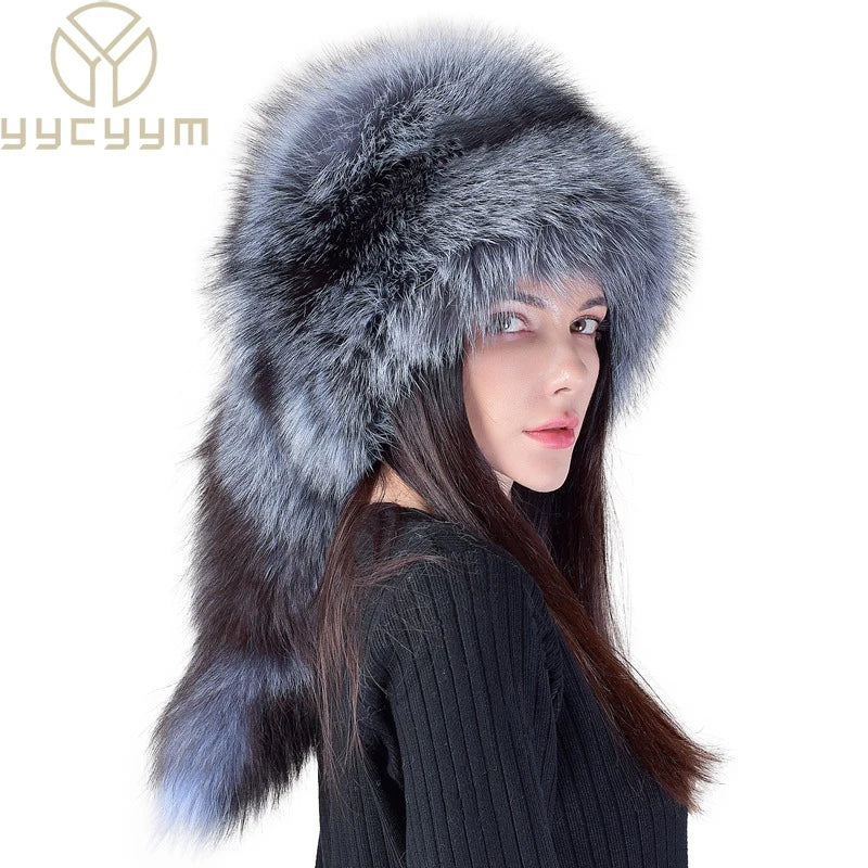 Fox Fur Ushanka Hat Winter Warm Fluffy — Natural | KIMLUD