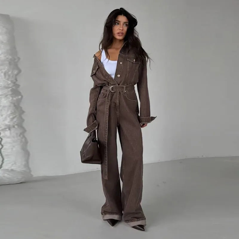 Denim-Inspired Jumpsuit Turn-Down Collar Lace-Up Full Sleeve Wide-Leg — Brown | KIMLUD