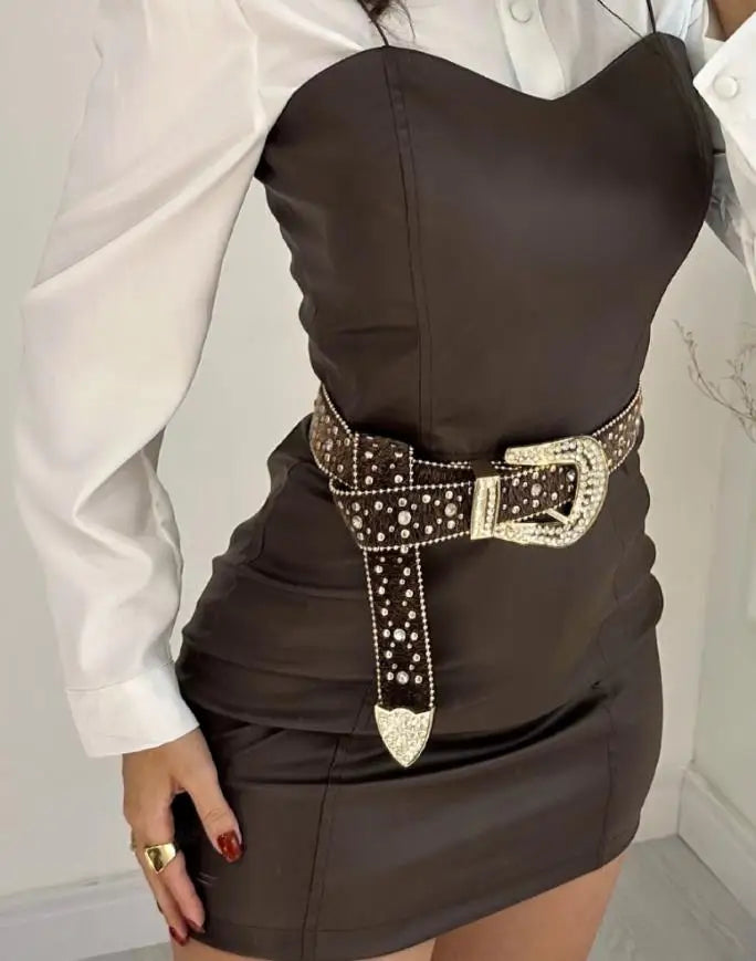 Two Piece Set Women Outfit 2025 Spring New Turn-Down Collar Long Sleeve Blouses & Casual Spaghetti Straps PU Leather Skirt