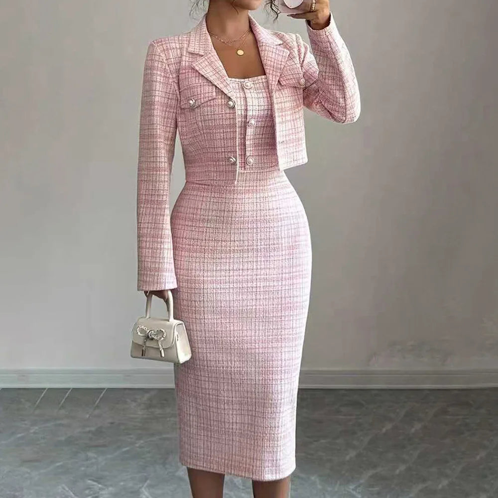 Two-Piece Dress Set – Reversible Collar – Knee-Length Polyester | KIMLUD