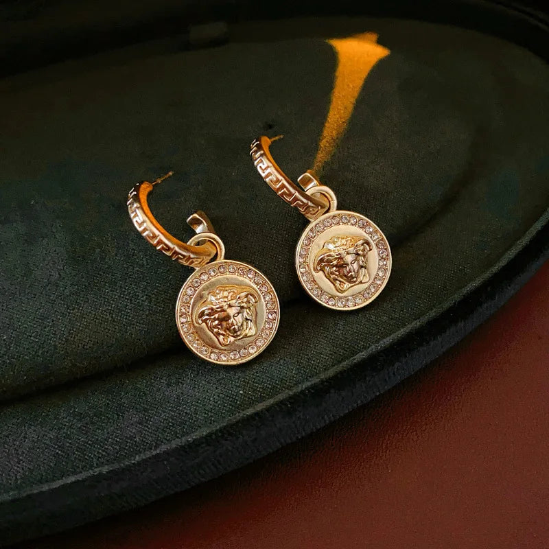 Resin Zinc Alloy Medusa Round Pendant Earrings — Gold | KIMLUD