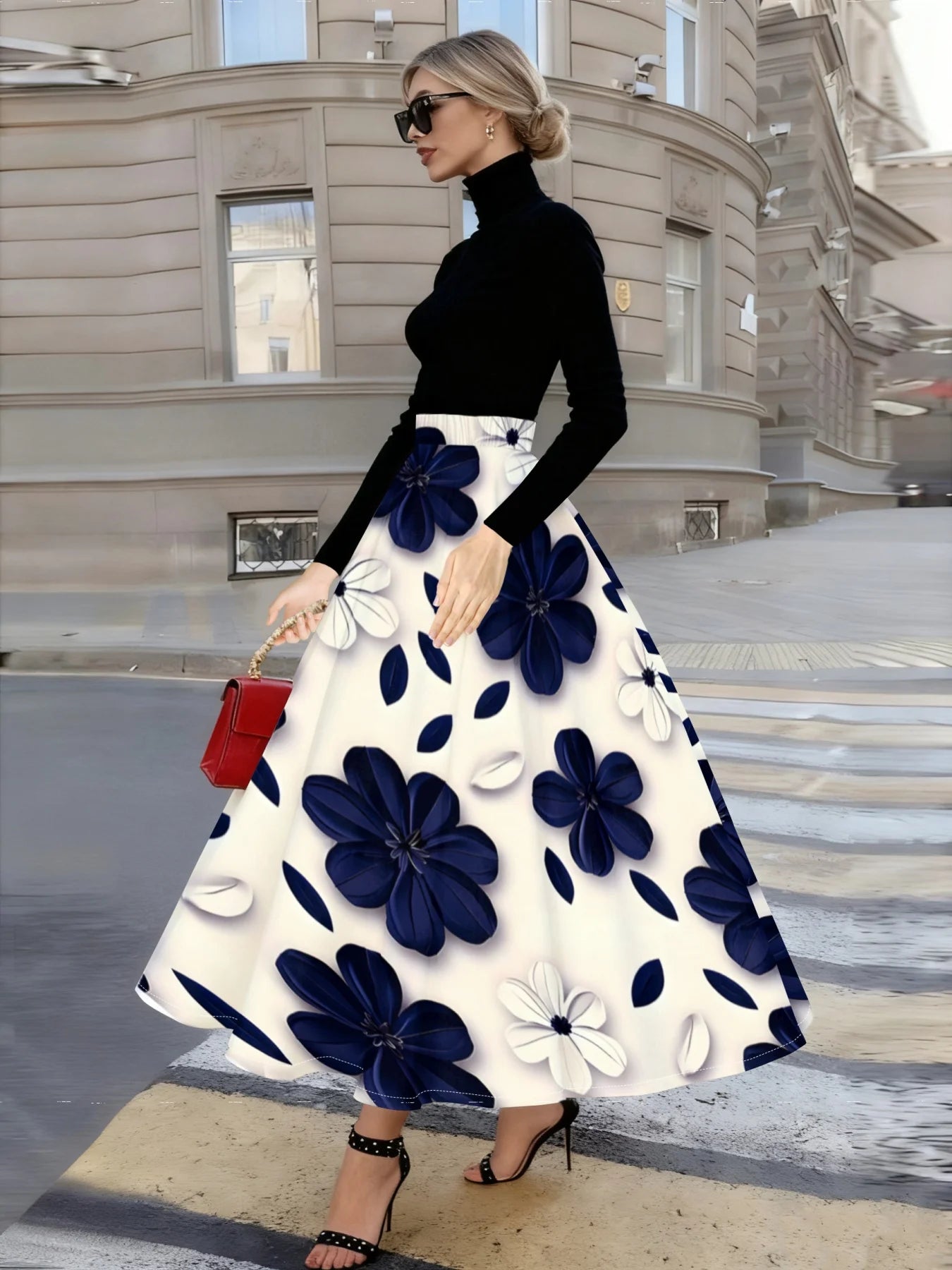 Skirt – Floral Print – Polyester – Ankle Length – Blue White | KIMLUD