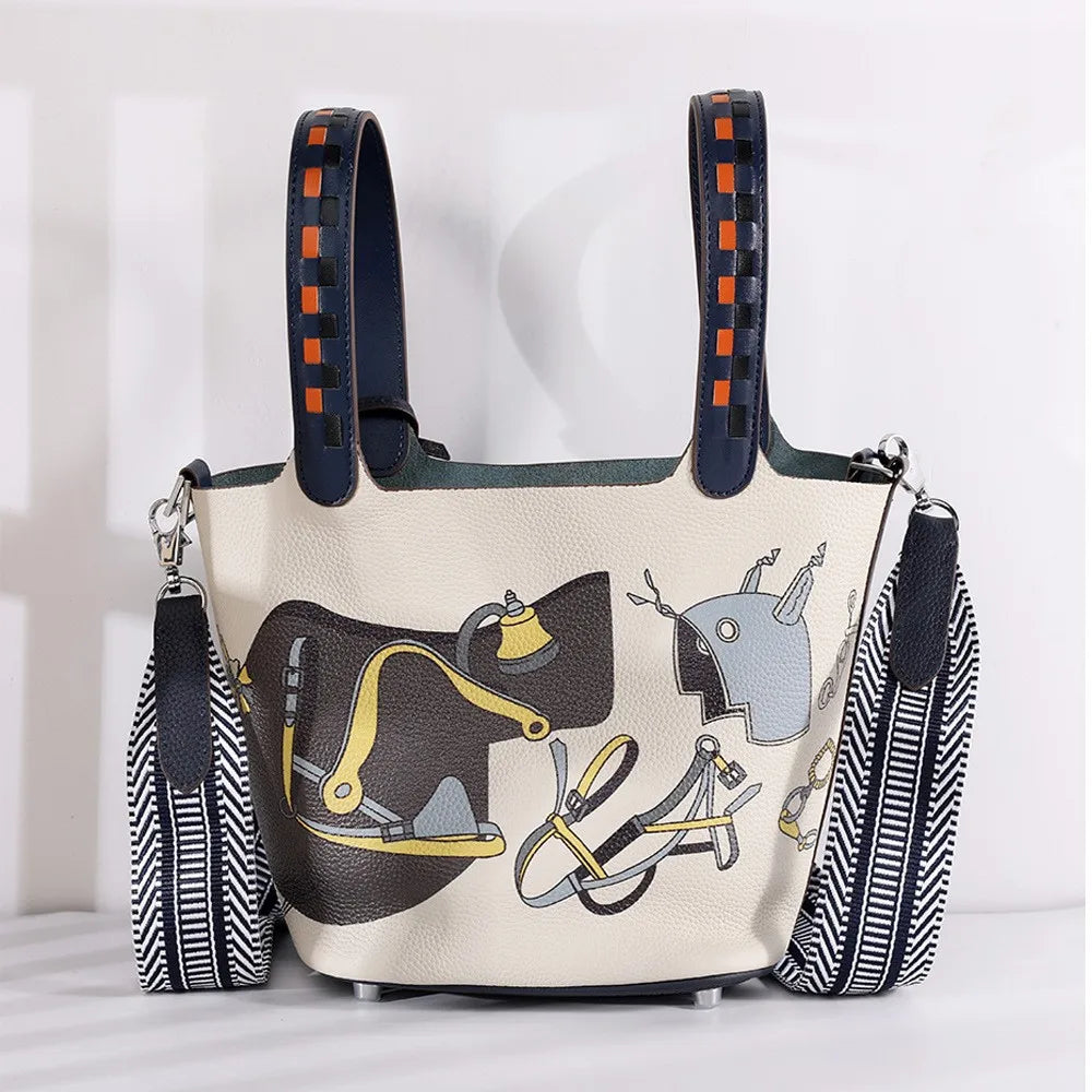 KIMLUD, Various Genuine Leather Luxury Bag Fashion Women's Handbag Vegetable Basket Style Portable Women Bucket Bag with Lock, KIMLUD Womens Clothes