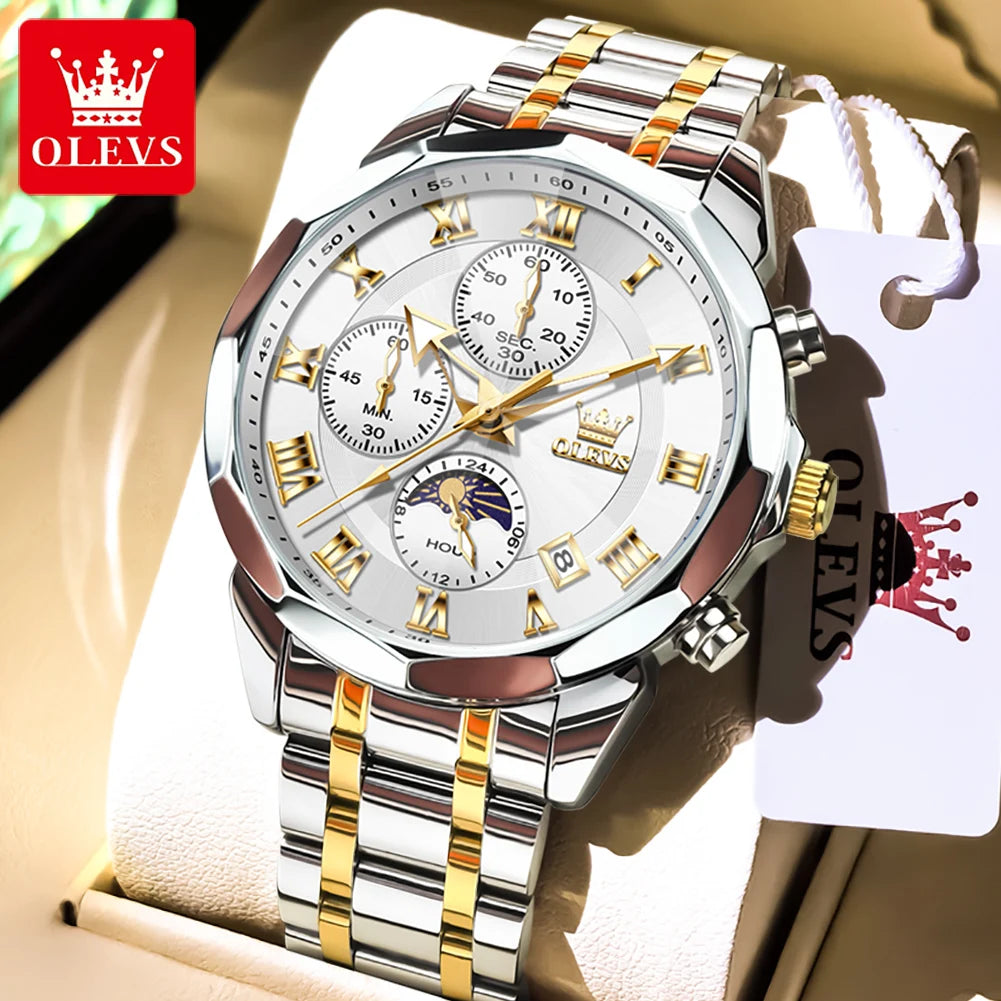 OLEVS 3675 Mens Watch Original Business Brand Quartz Watch Multifunctional Chronograph Waterproof Moon Phase Watch For Man New