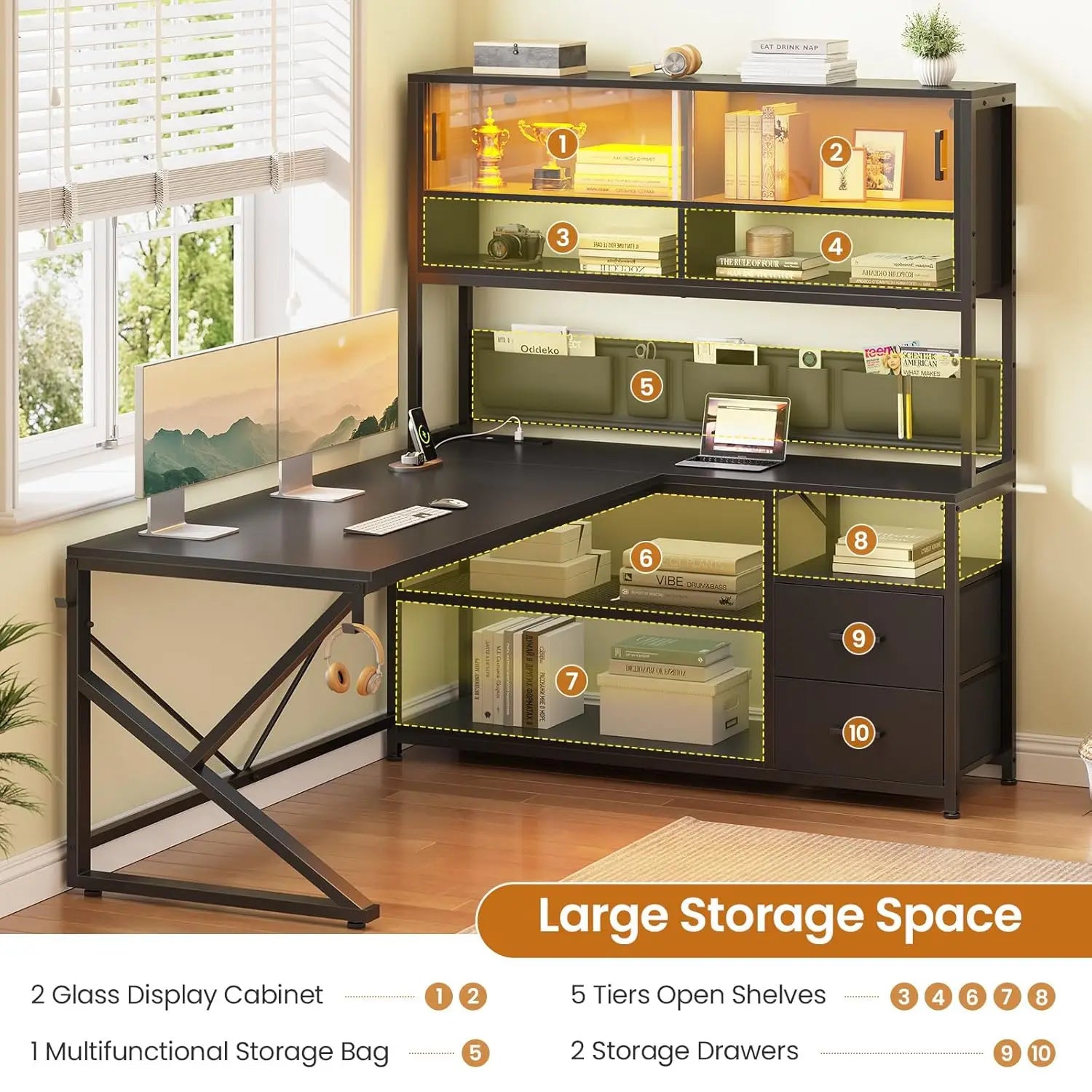 L Shaped Gaming Desk, Home Office Computer Desk with 2 Drawer and Bookshelf, L Shaped Gaming Desk with LED Light,, Customized