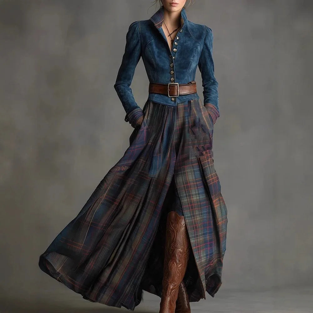 Leather Velvet Splicing Plaid Maxi Dress — Navy | KIMLUD