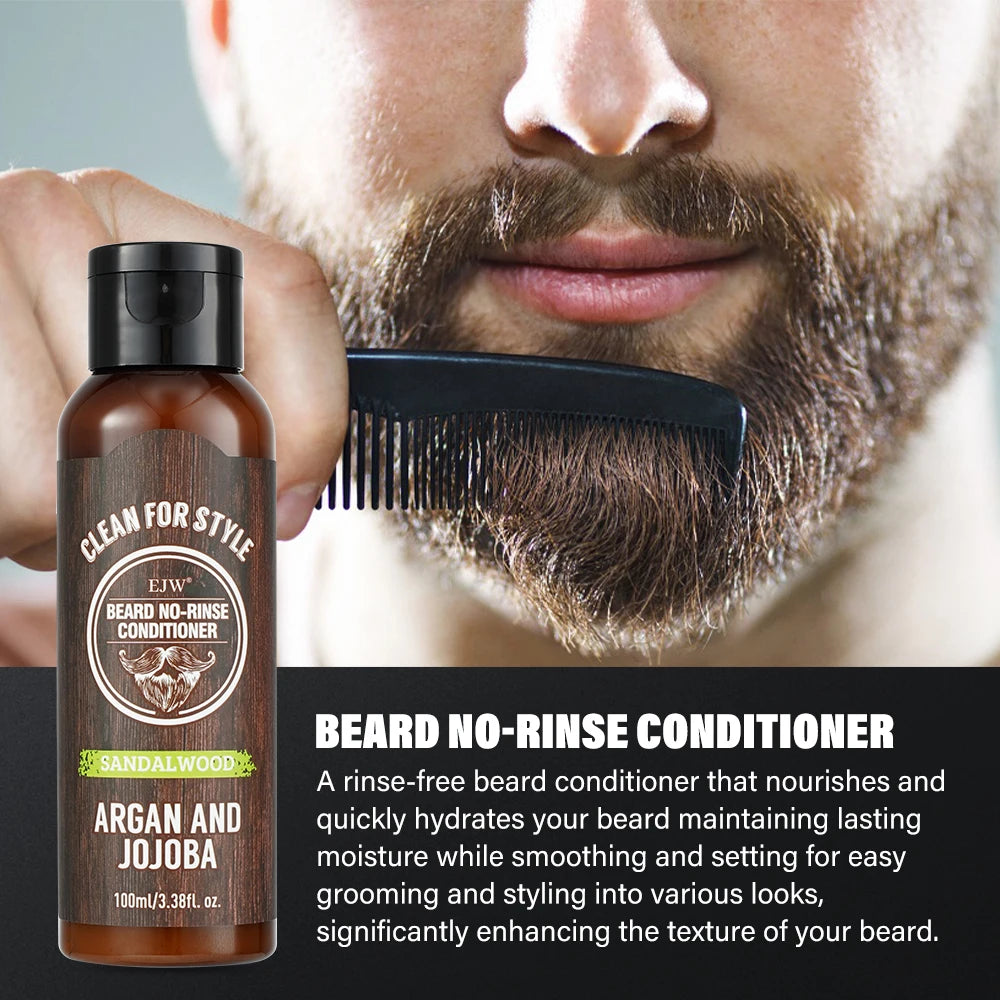 Beard Care Set, Sandalwood Beard Shampoo and Beard no-rinse conditioner- Softens & Strengthens Beard, with Argan and Jojoba Oil
