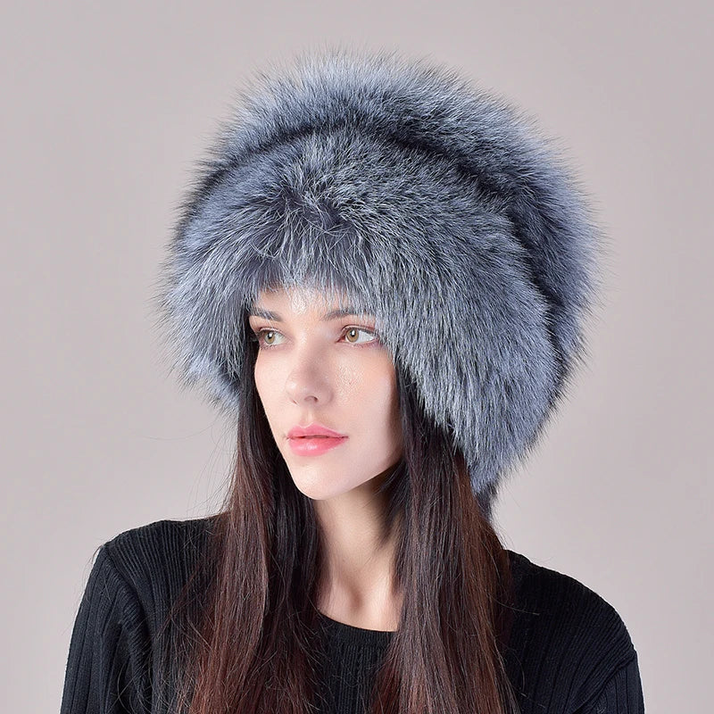 Fox Fur Ushanka Hat Winter Warm Fluffy — Natural | KIMLUD