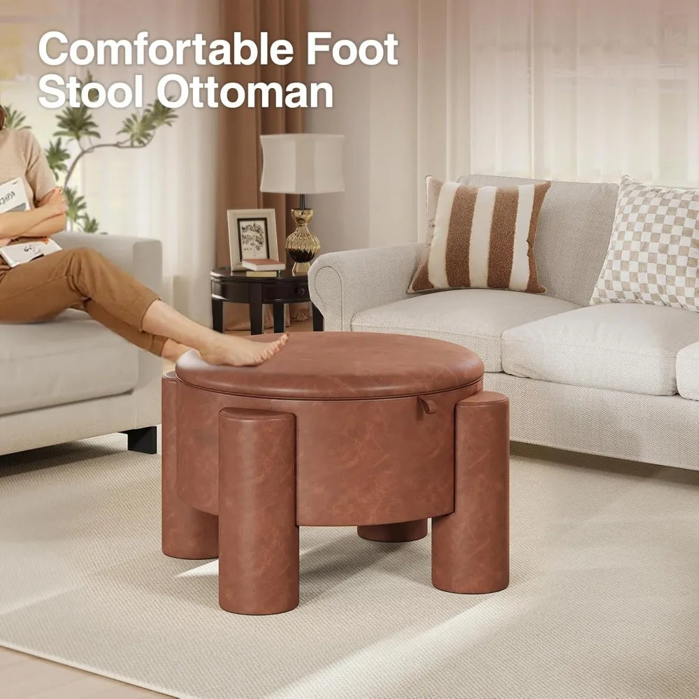 Storage Ottoman with Removable Top, 24" Round Coffee Table Ottoman & Upholstered Footrest, Faux Leather Ottoman for Small