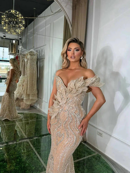 Mermaid Evening Dress – Crystal Beading – Lace – One Shoulder | KIMLUD