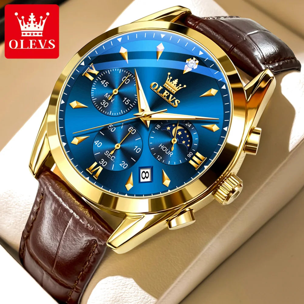 OLEVS Luxury Men's Watches Leather Strap Waterproof Luminous Chronograph Moon Phase Man Watch Top Original Quartz Watch for Men