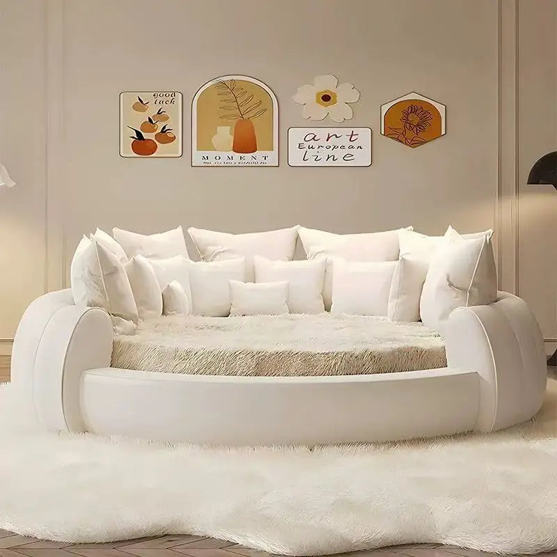 Leather Round Bed Multimaterial Frame — White | KIMLUD