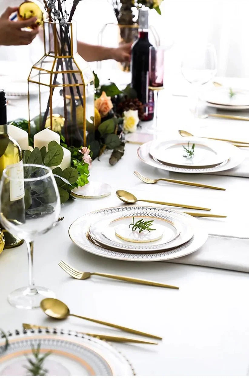 Ceramic European Style Dessert Plate With Gold Rim And Subtle Depth — White | KIMLUD