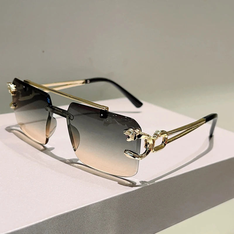 Rimless Sunglasses Square With Gradient Brown-To-Amber Lenses And Adjustable Nose Pads — Black | KIMLUD