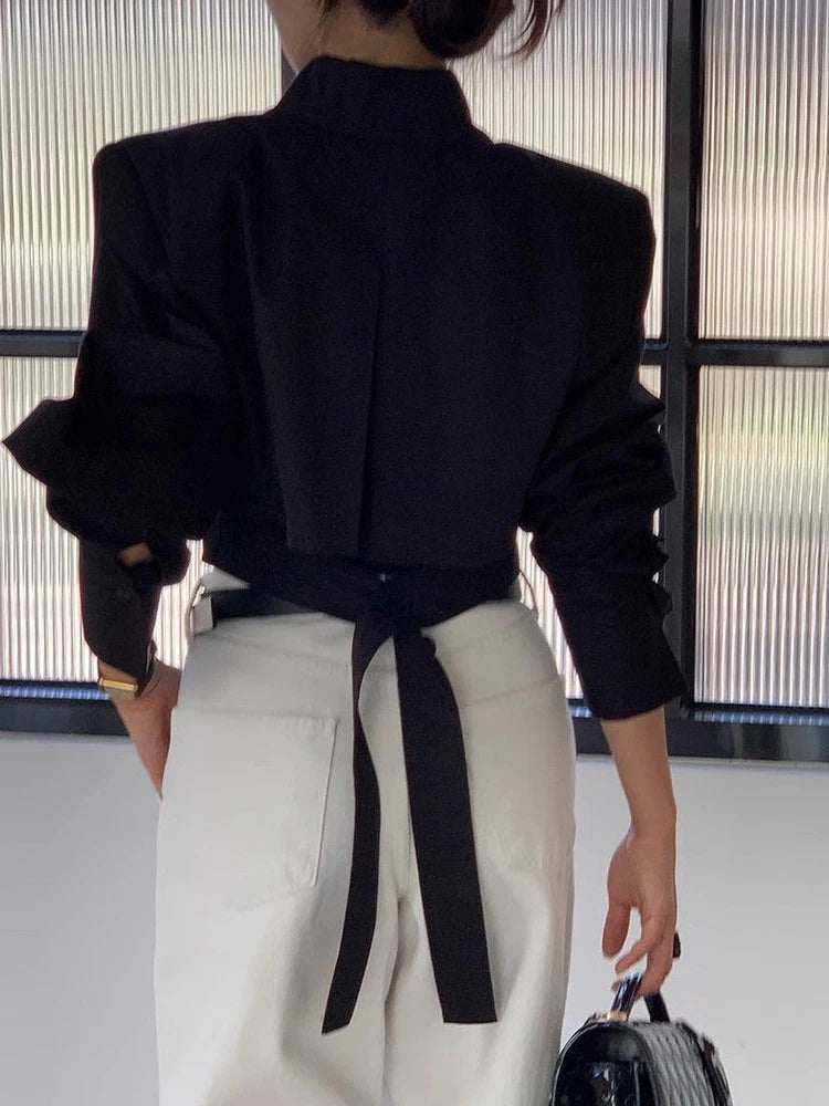 Cropped Cotton Shirt With Back Lace-Up Design And Hollow Out Detailing — White | KIMLUD