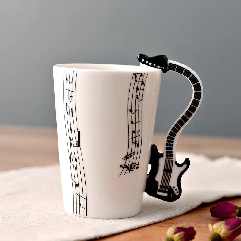 Bone China Mug With Music Note Motif And Delicate Guitar Handle — White | KIMLUD