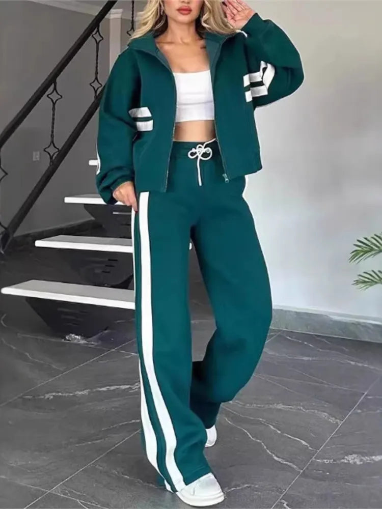 Two-Piece Set – Stand-Up Collar Zipper Top – Wide-Leg Pants – Striped | KIMLUD