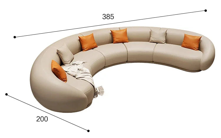 Sofa with orange cushions on a white background, featuring text about furniture top core businesses.
