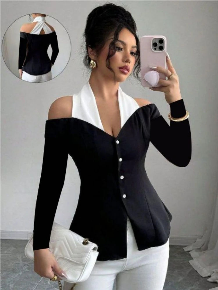 Off-Shoulder Halter-Neck Top Button Front Dramatic Contrast Panel — Black And White | KIMLUD