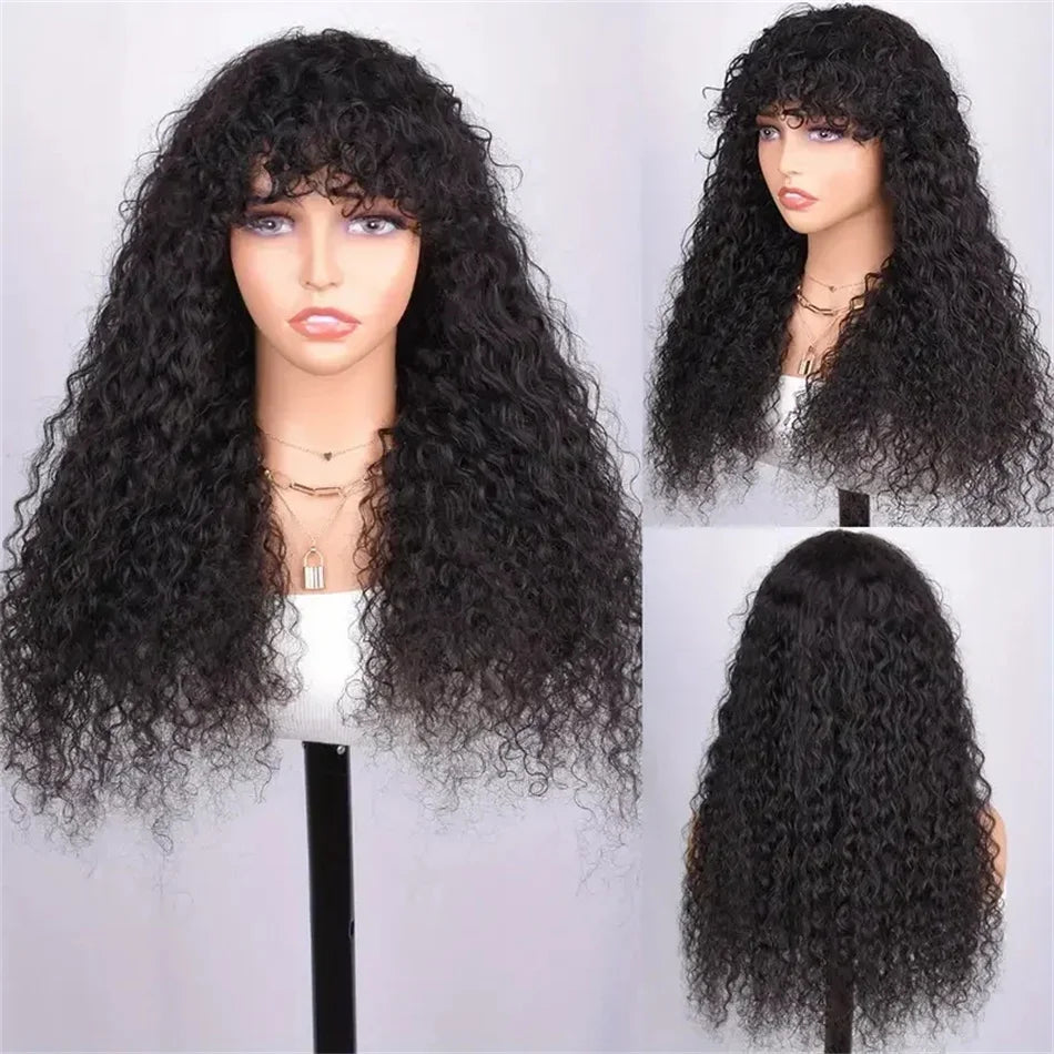 Curly Wig with Bangs – 180% Density – Human Hair – Darker Color | KIMLUD