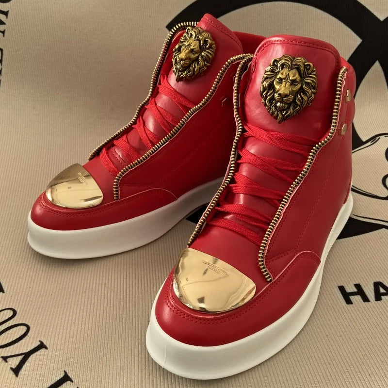 Artificial Leather Sneakers Lion Head Crest Embellishment Patchwork Texture — Crimson Red | KIMLUD