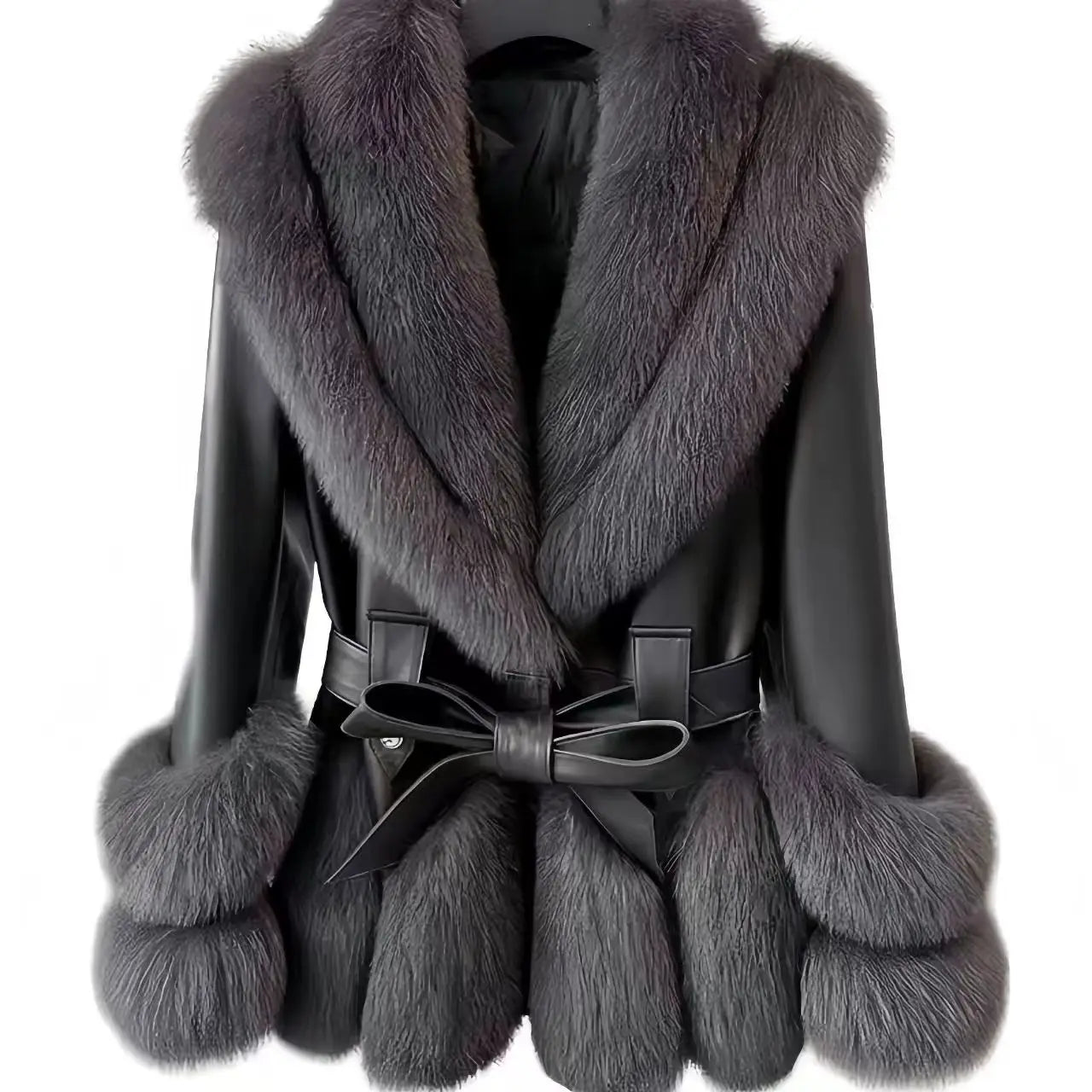 Faux Fur Coat for Women,Adjustable Waist Leather Jacket,Turn-down Collar, Thick Warm Clothes, High Quality, Autumn and Winter