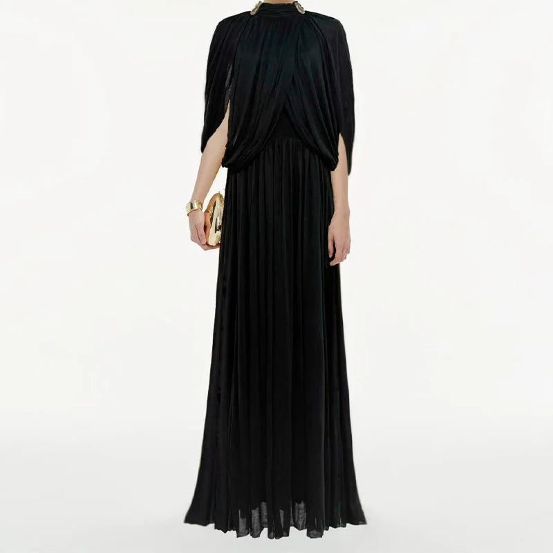 Brocade Gown Cross-Sleeved Ruched Form-Fitting With O-Neck And Ankle-Length Silhouette — Champagne Yellow | KIMLUD