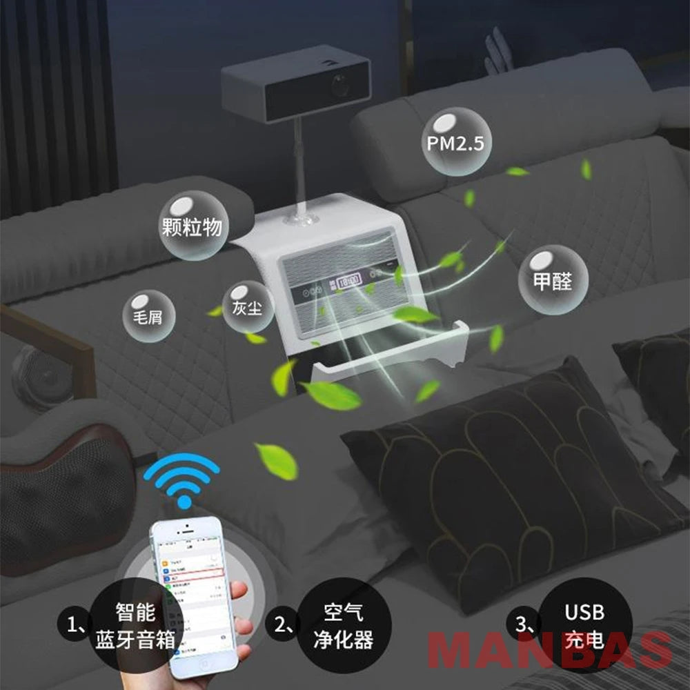 Genuine Leather Bed With Projector USB Speaker — White | KIMLUD
