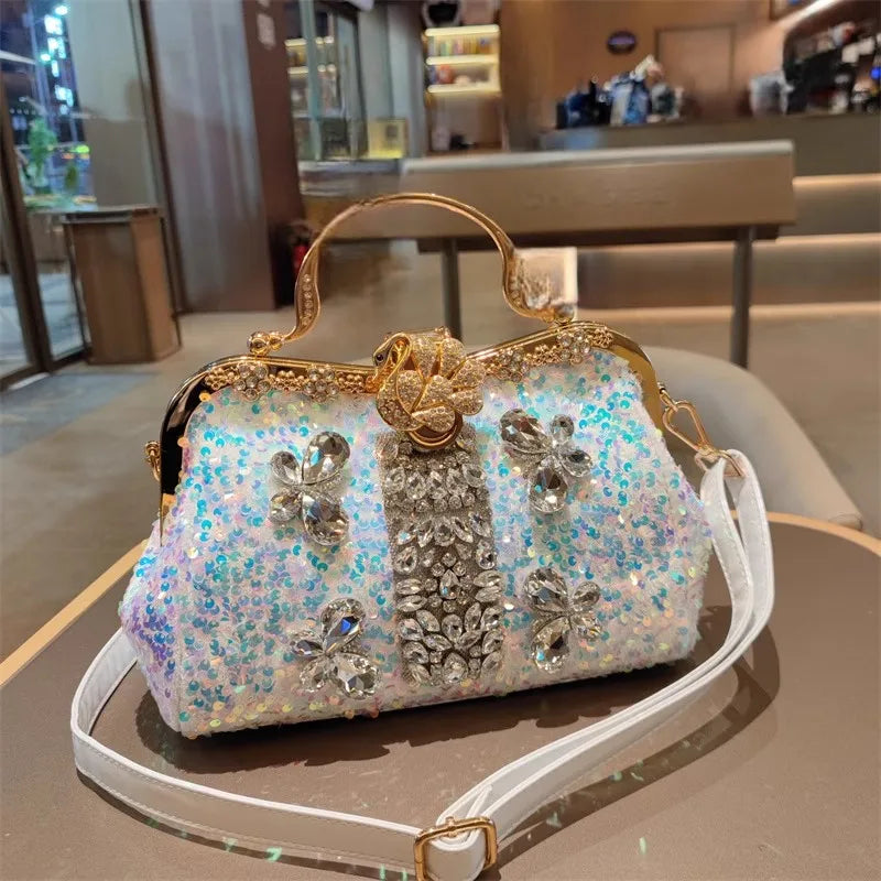 Leather Crystal Sequin Buckle Handbag — Black | KIMLUD