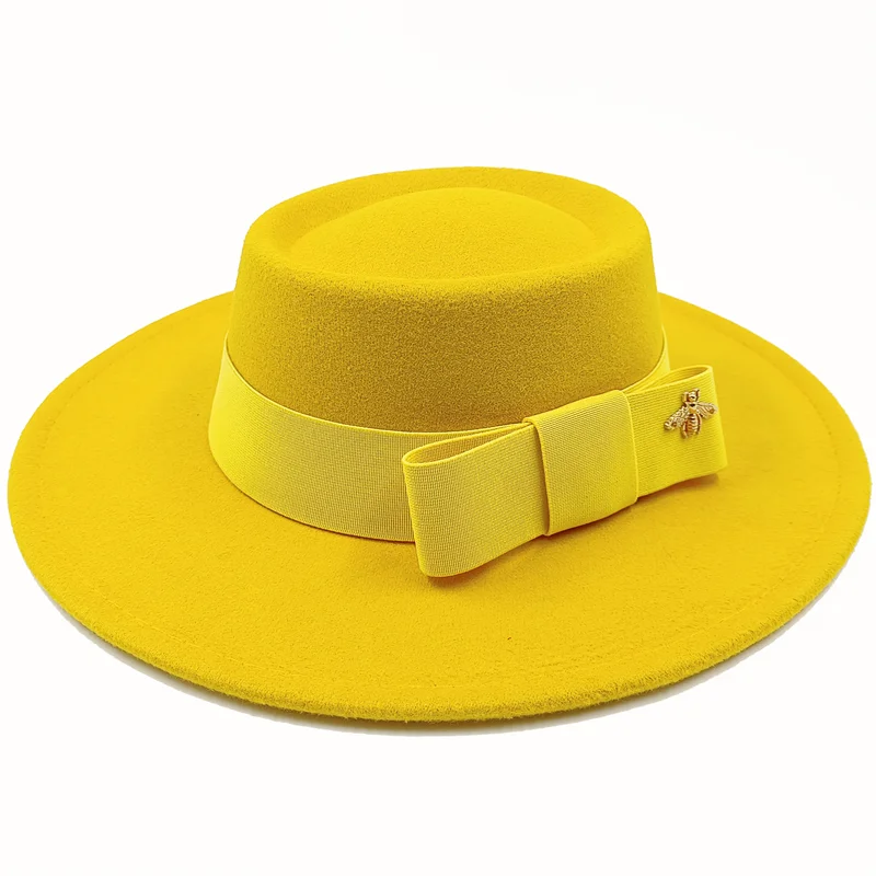 KIMLUD, Wholesale Fedora hats Winter round concave convex surface flat top bow elastic ribbon men&#39;s and women&#39;s felt jazz hats Fedora, 15 / China / 56-58cm, KIMLUD Womens Clothes