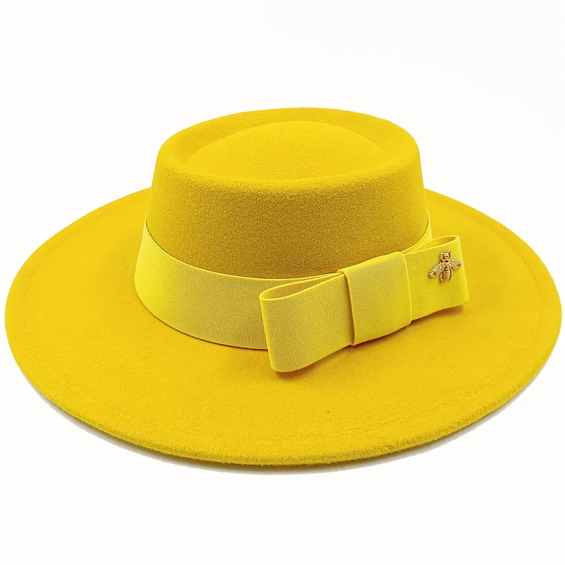 Wholesale Fedora hats Winter round concave convex surface flat top bow elastic ribbon men&#39;s and women&#39;s felt jazz hats Fedora - KIMLUD