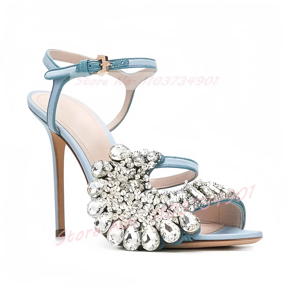 Crystal Flower Open Toe Ankle Strap High Heels — As Picture | KIMLUD
