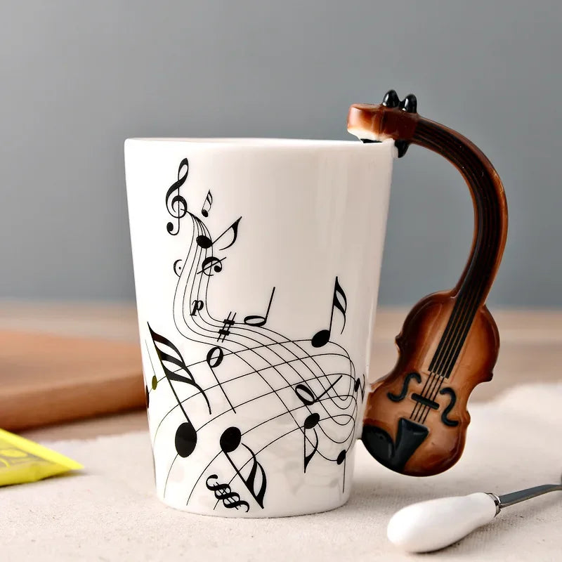 Bone China Mug With Music Note Motif And Delicate Guitar Handle — White | KIMLUD