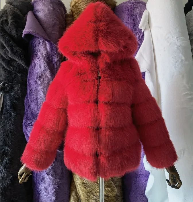 DEAT Fashion Imitation Fox Fur Grass Jacket Women's Hooded Loose Long Sleeves Patchwork Plush Thick Coat Winter New 7A975