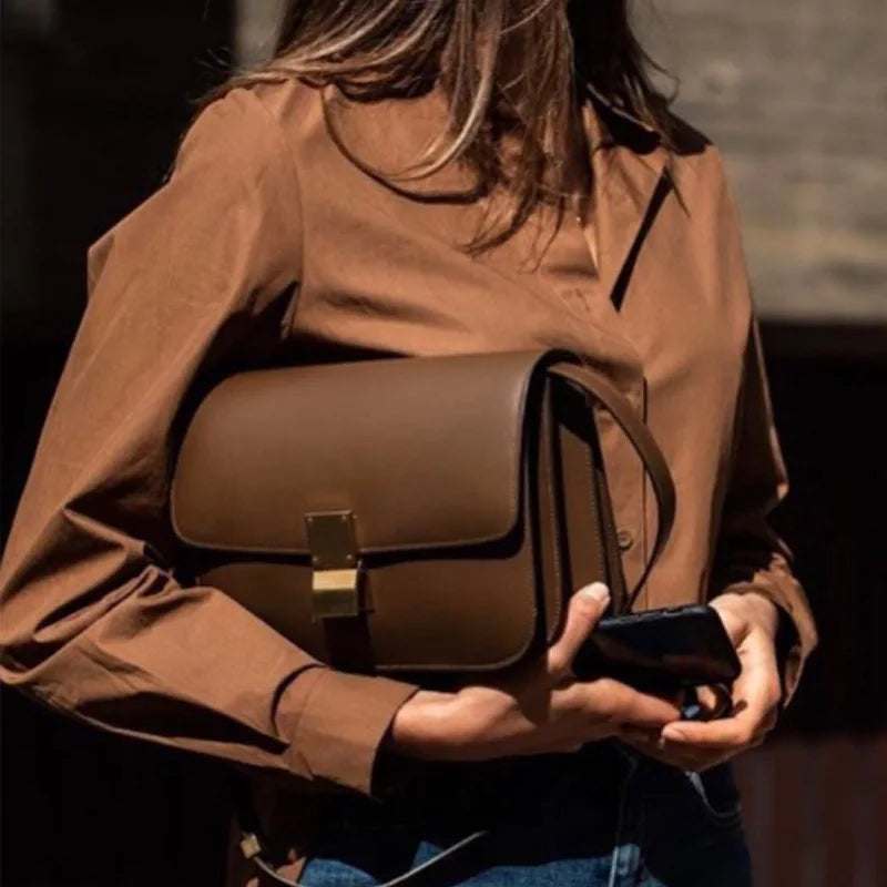 Split Leather Shoulder Bag Single Flap Lock — Black | KIMLUD