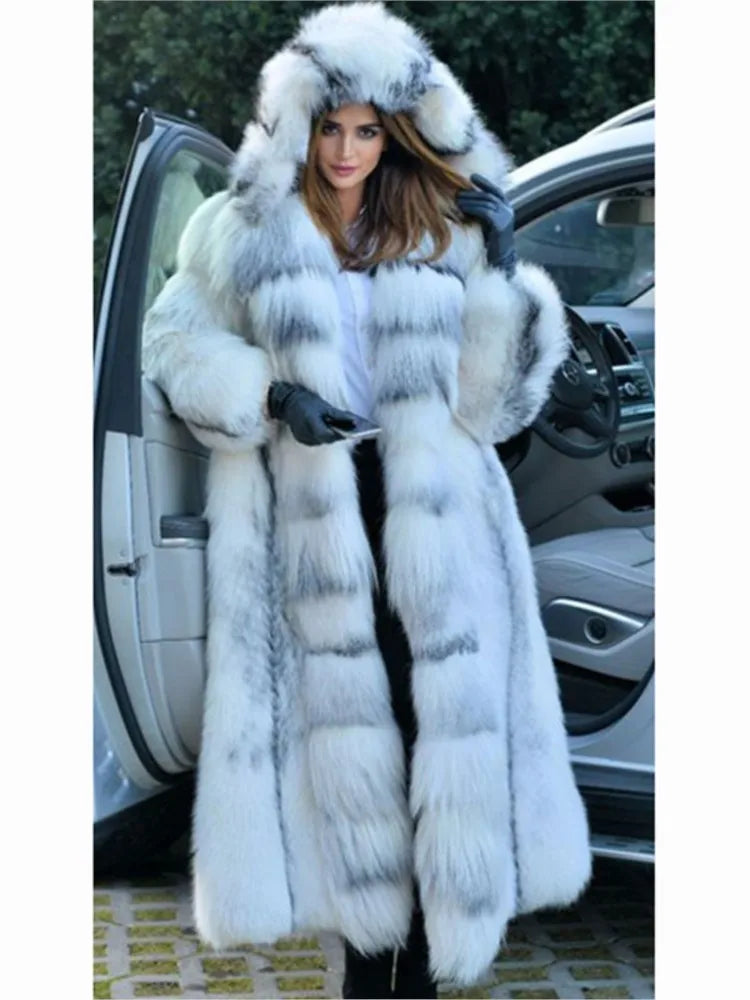 Winter Plus Size Longer Faux Fur Warm Coat Long Sleeve Coat Fox Fur Faux Fur Coat women's Long Hooded Fur all-in-one Fur Coat
