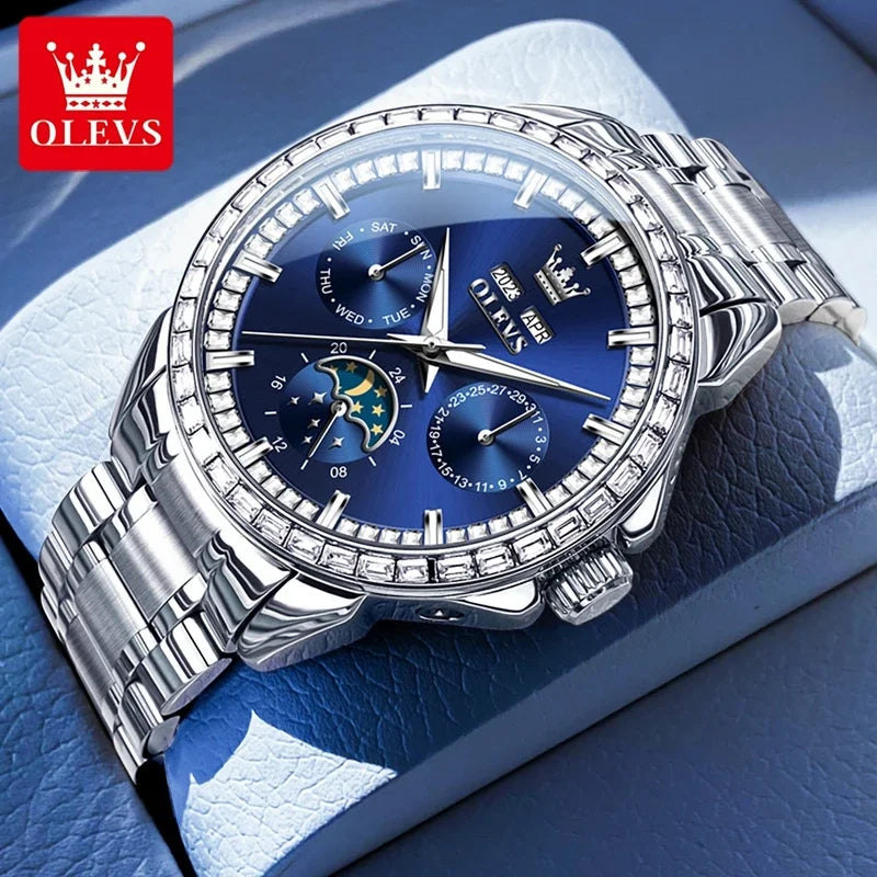 OLEVS 6695 NEW Men's Watches Full Multifunctional Dial Blue Leather Strap Calendar Week Moon Phase Waterproof Wristwatch