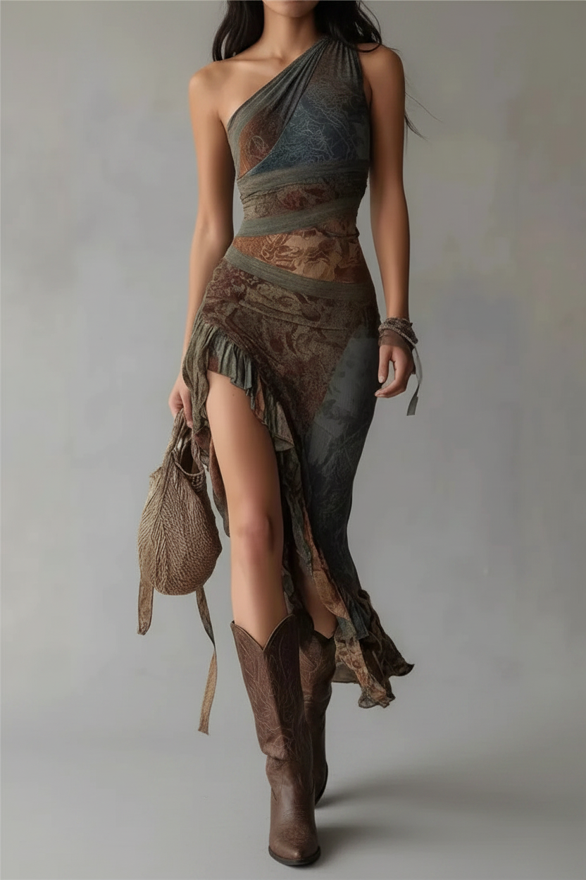 Woman wearing a one-shoulder dress with ruffled details and brown boots on a plain background