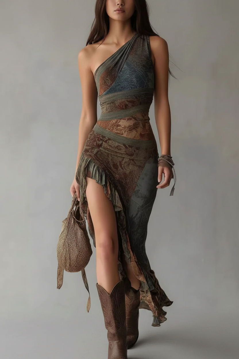 Woman wearing a patterned one-shoulder dress with a skirt and boots on a plain background