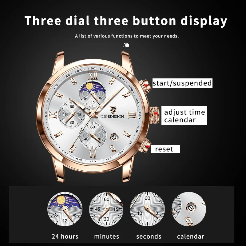 Leather Chronograph Military Watch 40–44mm Dial, Luminous Hands, 3 Bar Water Resistant — Black | KIMLUD