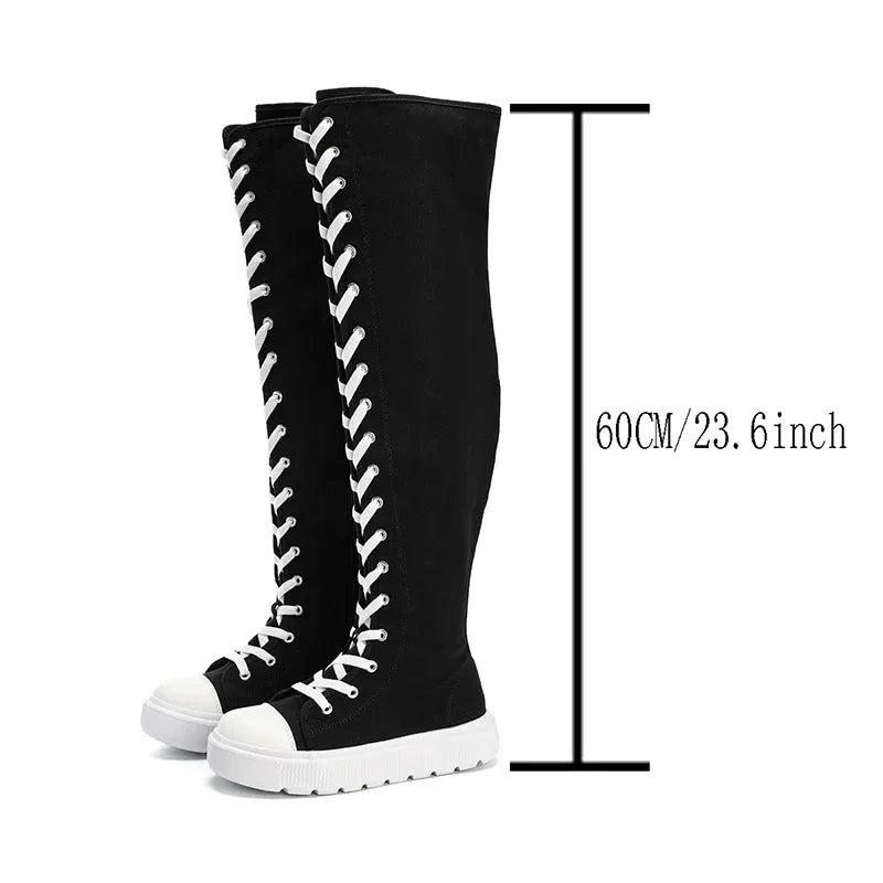 Plus Size Women's Canvas Boots Spring Autumn High Top Side Zipper Simple Long Tube over Knee Shoes Flat Heel Adult Footwear